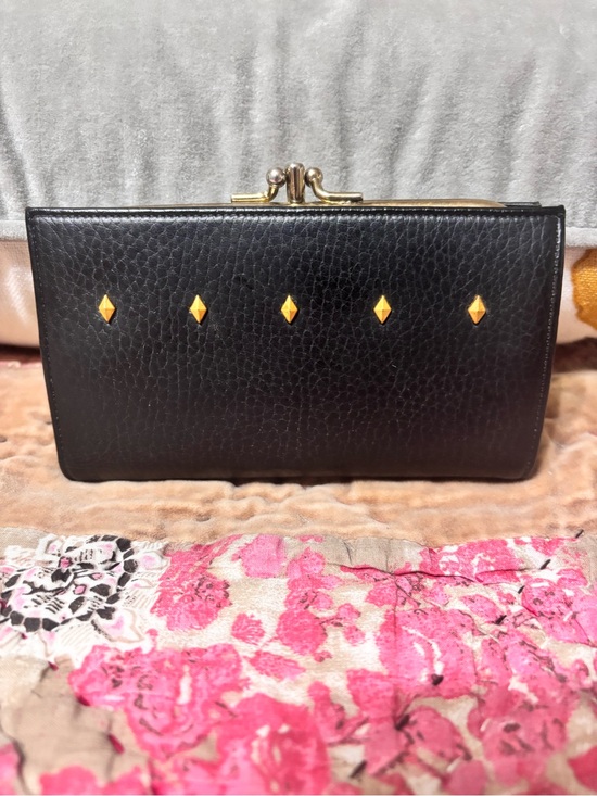 American Vintage Handbags - Art Deco - American Vintage Black Leather Wallet with Gold Diamond Accents